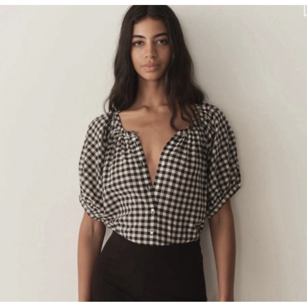 NWT Doen June Cotton Voile Scoop Neck Button Blouse Top Noir Greta Gingham, XS